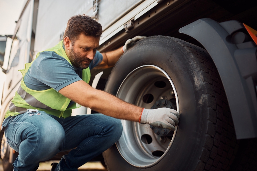 Mechanik mobilnego serwisu wymienia oponę w ciężarówce na A4